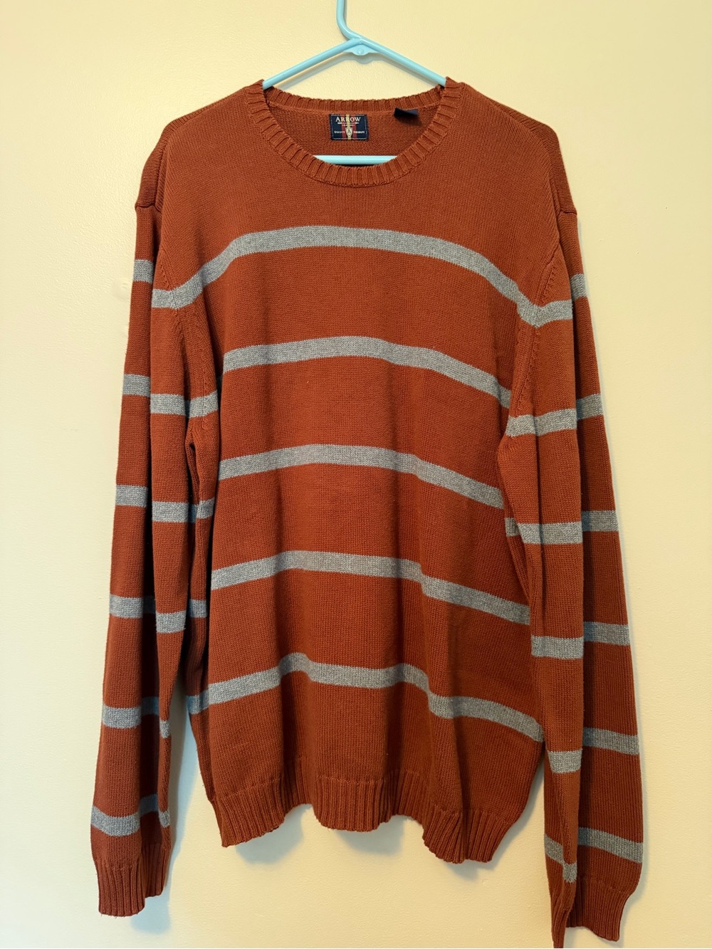 Men's Arrow Rust Orange Cotton Striped Crewneck Sweater